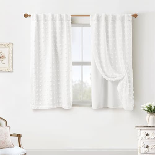 Bathroom Curtains Window,Short White Boho Pom Pom 60% Backout Farmhouse Privacy Curtain for Small Bedroom Kitchen Windows 45 Inch Length