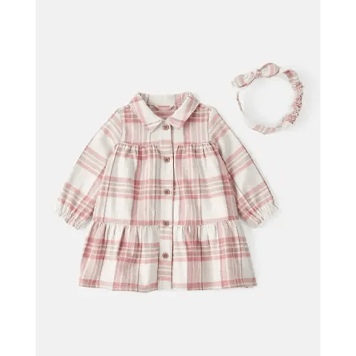 Baby Girl 2-Piece Plaid Cotton Long-Sleeve Dress Set - Pink/White | Carter's