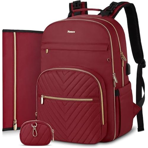 MOMUVO Diaper Backpack for Women Large Capacity with Insulated Pockets Diaper Bags For Baby,Burgundy