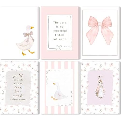 6Pcs Pink Nursery Wall Art Pink Floral Bow Silly Goose Wall Decor Pictures Cute Rabbit Canvas Artwork Bible Verse Posters Prints for Girls Children's Room Home Decoration 8x10in