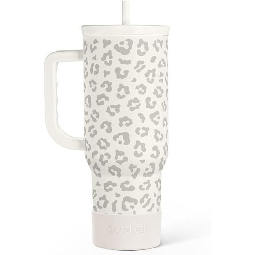 SANDJEST Leopard Tumbler with Handle, Insulated Cup Stainless Steel Travel Mug Cup, Gifts for Women Girl on Birthday Christmas, Cream Leopard, 40oz