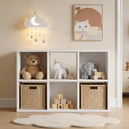 LUCKLIFE 6-Cube Storage Organizer, Stackable Modular Bookcase Shelf with Vertical or Horizontal Use, Fits 11×11" Bins, Optional Back Panels, for Living Room, Office, White