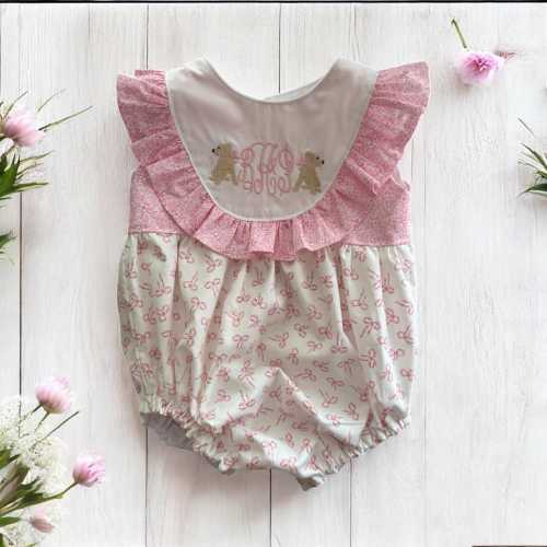 Pink puppy and bows embroidered monogrammed bubble/embroidered bubble