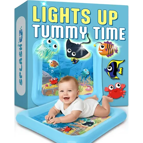 SplashEZ Lights Up Tummy Time Water Mat for Babies, Large Baby Water Mat Tummy Time for Sensory Play with LED Glowing Fishes, Inflatable Fun Play Pad for Infants & Toddlers 3 to 36 mo