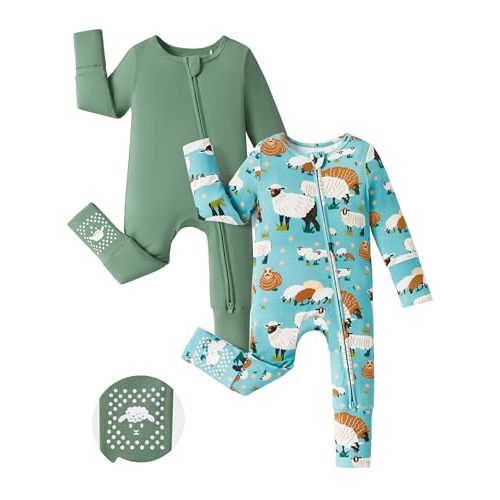 PATPAT Baby Footie Romper, Viscose from Bamboo, Long Sleeve, 2-Way Zipper, Fold-Over Mittens, Cuffs & Anti-Slip Grips