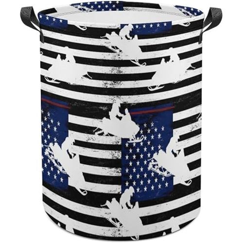 Portable Laundry Hamper with Handles Thin Blue Line American Flag Platinum Snowmobile, Foldable Waterproof Clothes Basket for Bedroom, Nursery, and Bathroom Storage