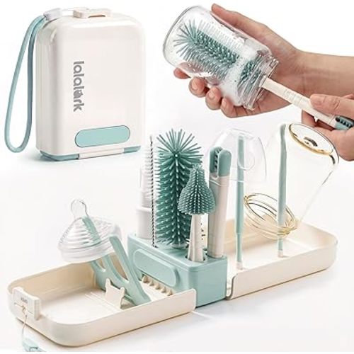 lalalark Baby Bottle Brush Set, 7-1 Travel Bottle Cleaner Kit with Dual-Headed Silicone Bottle Brush, Nipple Brush, Soap Dispenser, Drying Rack, Bottle Cleaning Kit with Storage for Home Travel, Mint