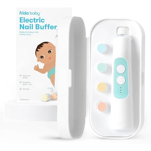 Frida Baby Electric Nail Buffer | Safe + Easy Baby Nail File, Baby Nail Clippers + Nail Trimmer Kit for Newborn, Toddler, Children's Fingernails/Toenails, 4 Buffer Pads, LED Light, Storage Case, White