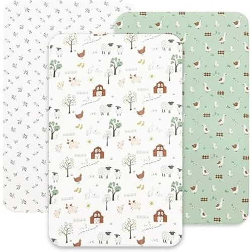 david's kids 3 Pack Mini Crib Sheets, Soft Breathable Premium Pack N Play Sheets for Baby Boys Girls Neutral, Playard and Mini Crib Mattresses, Farm