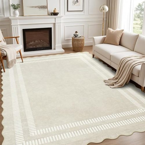Washable 8x10 Area Rugs for Living Room, Solid Ivory Ultra-Thin Bedroom Rug Non-Slip Dining Room Rugs, Soft Scalloped Carpet for Nursery Kids Room Office