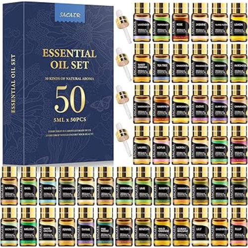 SACATR 50 Pcs Natural Essential Oil Set -Essential Oils Gift Set for Diffuser, Home Care, DIY Candle and Soap Making(50 * 5ML)