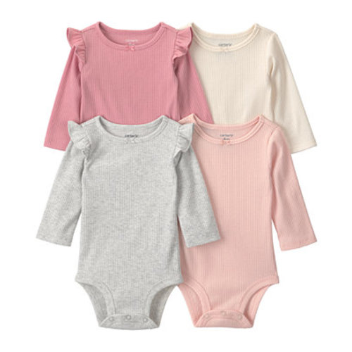 Baby Girls' Ribbed Ruffled Long-Sleeve Bodysuits, 4-Pack