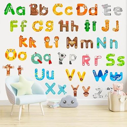 Whaline 8 Sheets Alphabet Letters Wall Decals Cute Animal 26 Uppercase & Lowercase Wall Stickers Peel and Stick Removable Stickers for Nursery Playroom Classroom Decor