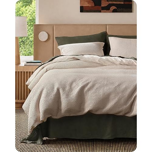 Bedsure Cotton Duvet Cover Set - 100% Cotton Waffle Weave Linen Color Duvet Cover California King Size, PureWoven Breathable Cal King Bedding Set for All Season, 3 Pieces, 104"x98"