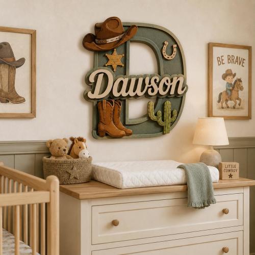 Personalized Cowboy Wooden Initial Name Sign, Custom Western Nursery Decor, Cowgirl Cowboy Baby Room Wall Art, Baby Shower Gift