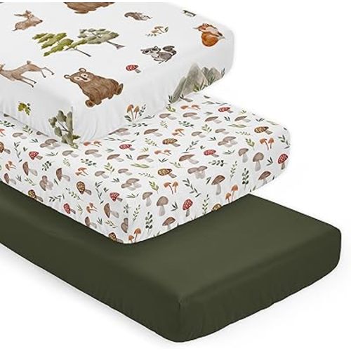 Sweet Jojo Designs 3-Piece Baby Crib Sheets Set (Woodland Forest Animals) for Girls/Boys, Infant Nursery, Toddler Room - Fitted, Standard Size (Solid Green, Toadstool Mushrooms & Animal Friends, Bear)