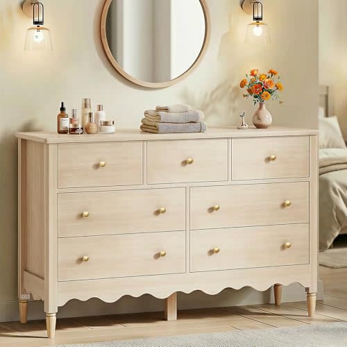 Cyclysio Dresser for Bedroom with 7 Drawers, 47" Wide Wooden Chest of Drawers, Wood Closet Clothes Storage Organizer, Storage Dresser TV Stand, Nature