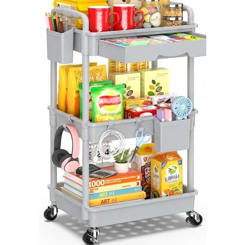 SUNALLY 3 Tier Rolling Cart with Drawer, Bathroom Storage Organizer with 2 Lockable Wheels, Multifunctional Rolling Storage Cart for Bathroom, Kitchen, Office, Craft, Makeup, Baby Essentials, Gray