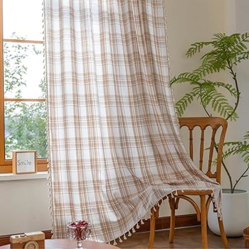 Plaid Curtain 96 Inch 2 Panel Light Filtering Privacy Rod Pocket Vintage Handmade Tassels Country Decor Drapery.Drape Textured Tartan Curtain for Living Room Bedroom, Beige Brown