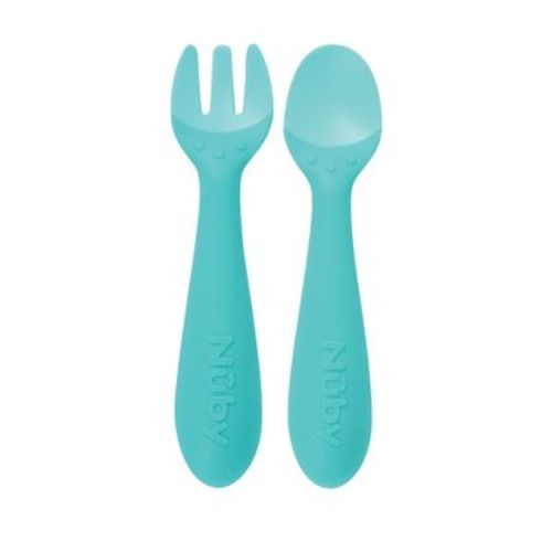 Nuby 2pc Silicone Easy Grip Fork and Spoon Set - Aqua