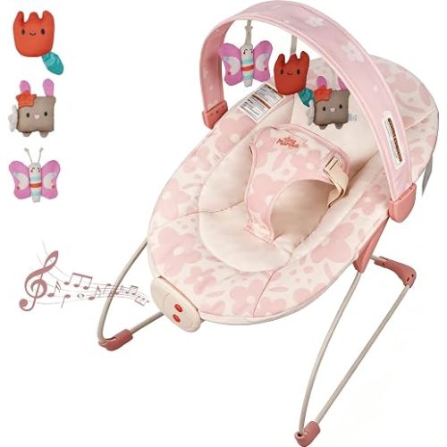Baby Bouncer – Baby Bouncer seat, Infants Bouncy Seat with Music & Sensory Toys, Machine Washable Seat Pad Indoor Infant Seat, Ideal for Newborns 0-6 Months, 20lbs (Pink Floral)