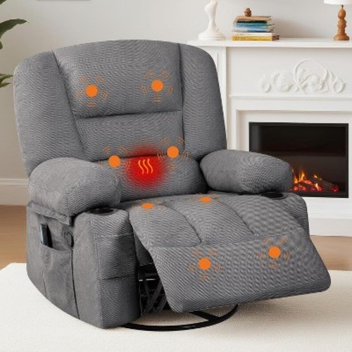 360° Swivel Rocking Chair with Massage and Heating, Glider Recliner Chairs with Storage and Cup Holder,for Living Room, Bedroom, Nursery