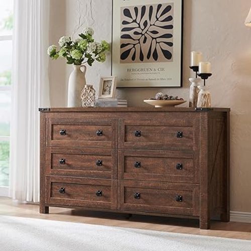 RedLemon Farmhouse 6 Drawer Dresser for Bedroom, 54 Inch Wide Rustic Wood Dresser TV Stand, Chest of Drawers for Closet, Living Room, Hallway, Reclaimed Barnwood