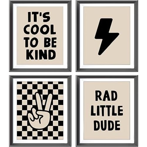 Retro Black Checkered Preppy Lightning Peace Hand Sign Poster Prints for Boy Teen Room Decor,Creamy White Rad Little Dude Funny Decorations Prints Wall Art Unframed 4pcs 8x10inches,Teen Boys Gifts