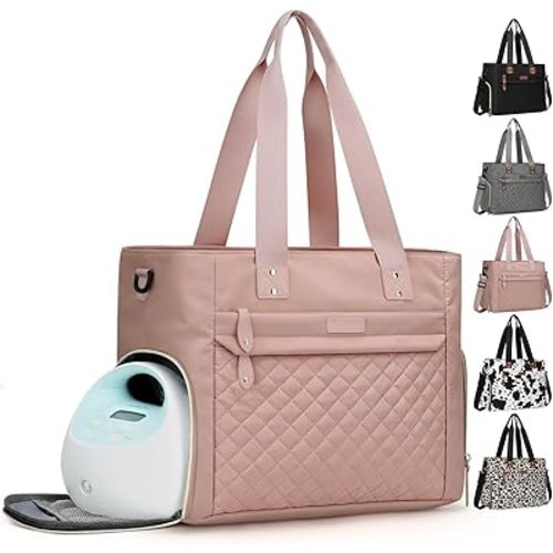 Pritent Diaper Bag Tote for Working Mom, Large Travel Diaper Tote for Mom and Dad with 14 Inch Laptop Sleeve, Mommy Maternity Travel Baby Bag for Boys and Girls, Pink