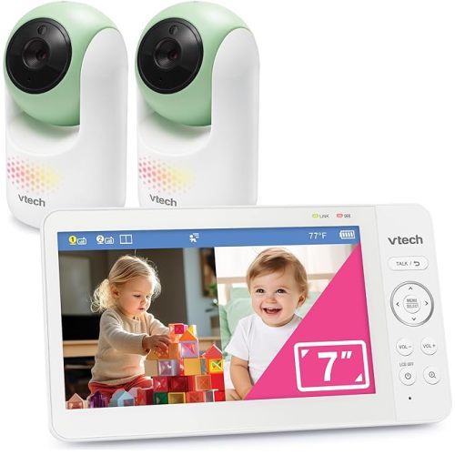 VTech 2-Cameras Video Baby Monitor with 7" Color LCD Screen, Rechargeable Battery, Video and Audio Streaming, Pan-Tilt-Zoom, Touch Multi-Color Night Light, Two-Way Talk: Advanced Max Twin (Green)