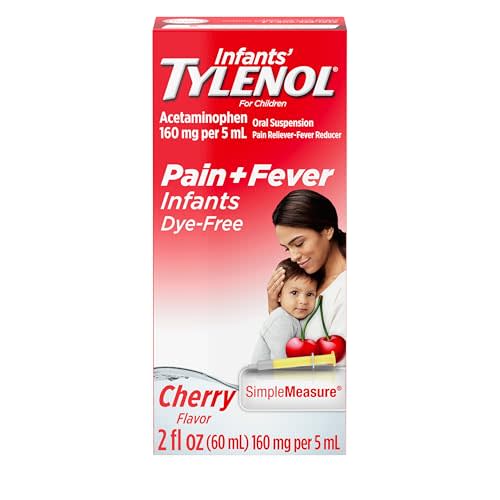 Infants' Tylenol Liquid Pain Reliever and Fever Reducer Medicine, Acetaminophen Oral Suspension for Sore Throat, Headache & Teething, Kids Fever Reducer; Dye-Free Cherry Flavor, 2 fl oz, Pack of 1