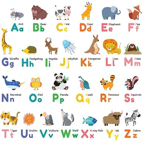 DECOWALL DS8-1614 Colourful Animal Alphabet ABC Kids Wall Stickers Wall Decals Peel and Stick Removable Wall Stickers for Kids Nursery Bedroom Living Room décor