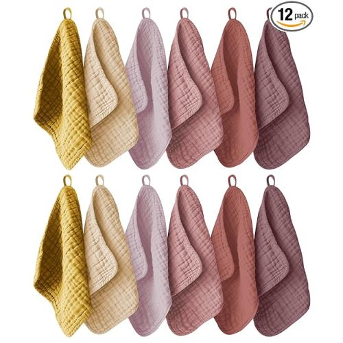 Ease Cubs 12 Pack Muslin Washcloths for Baby - 100% Cotton Baby Wash Cloths for or Baby Face Body Comfy and Soft for Newborn Infants Kids Girls and Boys - 12"x12" - Brown, Honey and Bean Paste Series
