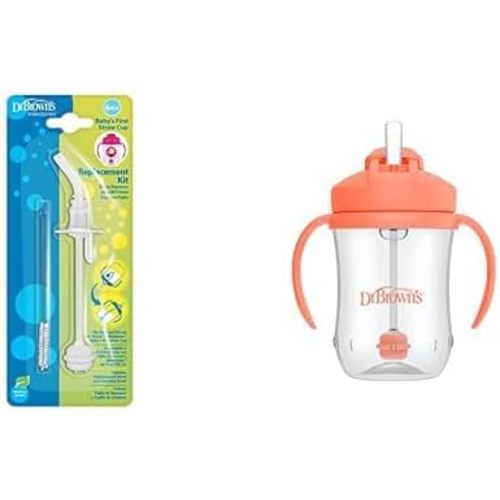 Dr. Brown's Baby's First Straw Cup Replacement Kit One and Cleaning Brush, BPA & Milestones Baby’s Cup, Training Weighted Straw, Coral, 6m+