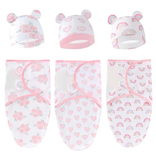 3-Pack Baby Swaddles for Newborns with Hat for Girls(Flower Set) | Cotton Sleep Sacks Nursery Swaddling Blanket for 0-3 Months Infant Registry Essentials Adjustable & Easy Fastener