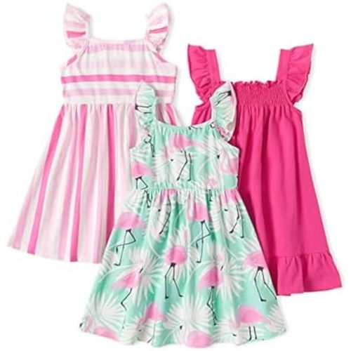 PATPAT Multipack Girl Toddler Dresses Sleeveless Flamingo Striped Toddler Casual Dresses