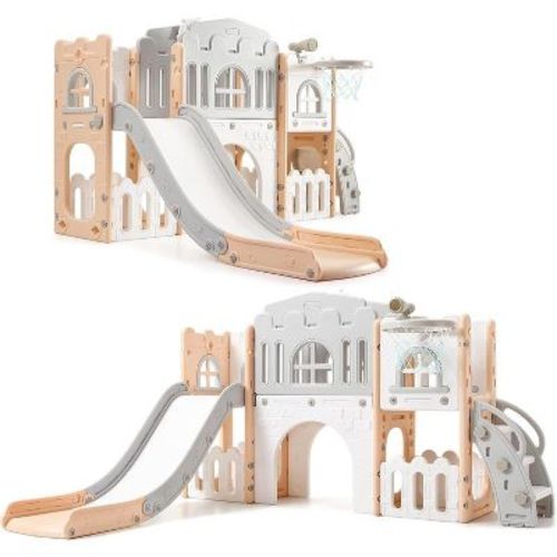 8-in-1 Toddler Playset with Slide – Indoor Outdoor Baby Activity Center for Ages 1-3, Featuring Climber, Crawl Tunnel, Basketball Hoop, Telescope