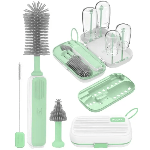 Electric Baby Bottle Brush Cleaner, Baby Travel Bottle Cleaner Kit- 2000mAh Rechargeable Silicone Brush, Drying Rack, Compact Storage Box, 360° Efficient Cleaning Bottle Brush for Home & On-The-Go