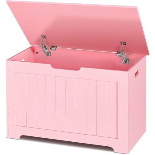 SUPER DEAL Cofre de almacenamiento, organizador de caja de pecho de 30 pulgadas con 2 bisagras de seguridad, banco de almacenamiento de entrada de madera, rosa
