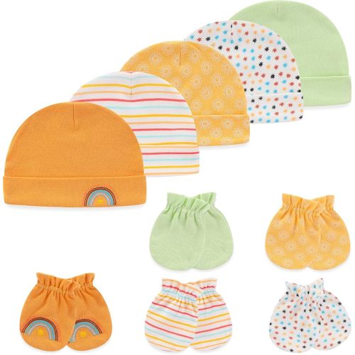 MAMIMAKA Baby Hat and Mittens Set Newborn Baby Hats Caps for Baby Boys Girls 0-6 Months 100% Cotton
