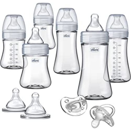 Chicco Duo Deluxe Hybrid Baby Bottle Starter Gift Set with Invinci-Glass Inside and Plastic Outside | Dishwasher, Bottle Warmer, and Electric Sterilizer Safe | Intui-Latch Nipple | Clear/Grey