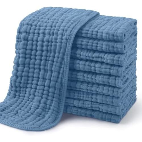 Yoofoss Muslin Burp Cloths for Baby 10 Pack 100% Organic Cotton Baby Washcloths for Boys Girls Large 20''X10'' Super Soft and Absorbent Apricot,Denim Blue