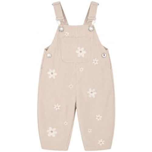 Baby Girl Overalls Corduroy with Floral Embroidery,Beige Toddler Jumpsuit Romper,Soft Overall for Girls (6 Months-3T)