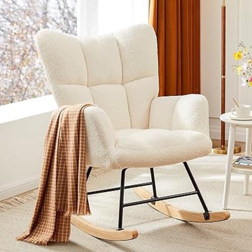 DUMOS Rocking Chair with Wing Backrest, Teddy Upholstered Indoor Reading Glider Chair with Comfy Seat for Bedroom, Living Room, Office, White
