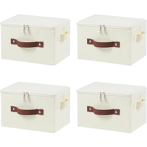 4 Pack Storage Bins with Zipper Lid Cotton Linen Fabric Lidded Storage Baskets Boxes Foldable Washable Closet Shelf Clothes Organizer Container with PU Leather Handles (Beige, Small)