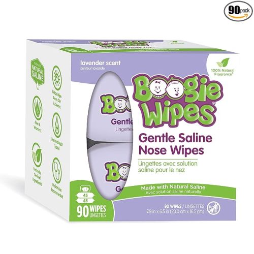 Saline Nose Wipes by Boogie, for Baby & Kids, Face, Hand & Body, FSA/HSA Eligible, Made with Vitamin E, Aloe, and Natural Saline, Lavender Scent, 90 Count (Pack of 1)