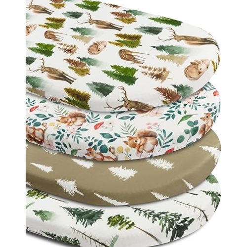 4 Pack Bassinet Sheets Woodland Forest Animals Wood Neutral Unisex Fitted Baby Bassinet Sheets Set for Standard Bassinets for Baby Boys or Girls