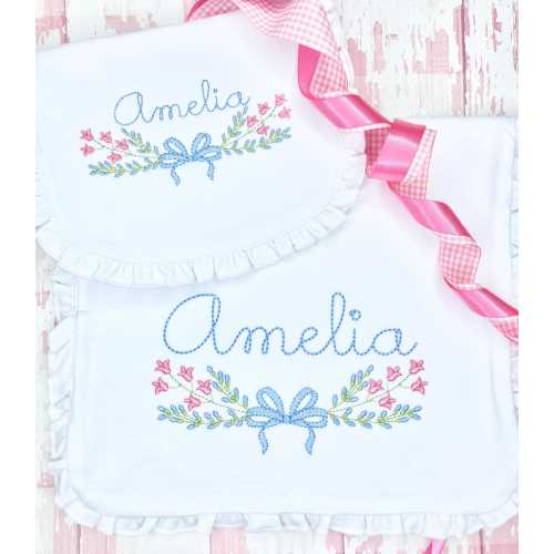 Personalized Baby Girl Ruffled Bib and Burp Cloth Set, Floral Swag with Bow Embroidered Baby Bib and Burp Cloth, Baby Girl Gift Set