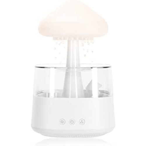 Raining Humidifier with Adjustable LED Lights White Noise Humidification Desk Fountain Bedside Sleeping Relaxing Mood Water Drop Sound (White)