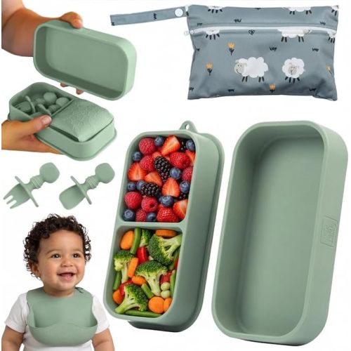 Baby Travel Essentials 6 Pc Silicone Feeding Set - Portable Toddler Plates with Suction, Baby Spoons & Foldable Bib in Carrying Case - BPA-Free Infant & Toddler Utensils for Airplanes & Eating Out